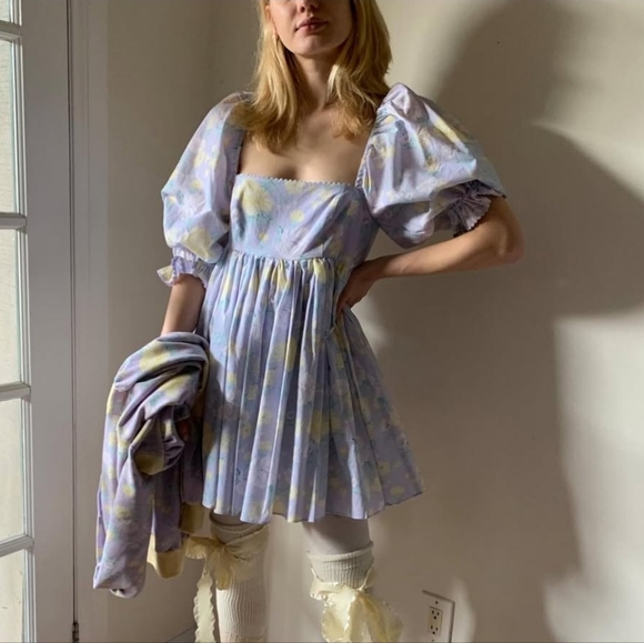 Selkie Claudia Puff Sleeve Mini Dress In Lavender Yellow Floral Cotton Size 8 - Picture 11 of 11